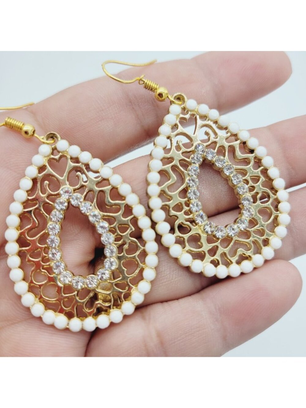 Teardrop Rhinestone Drop Dangle Earrings Modern Gold Tone Open Work